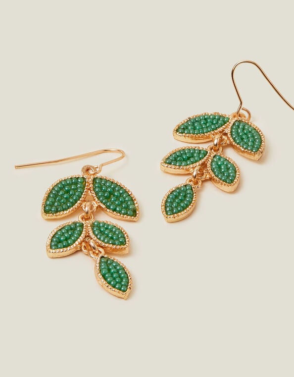 Beaded Leaf Drop Earrings, , large