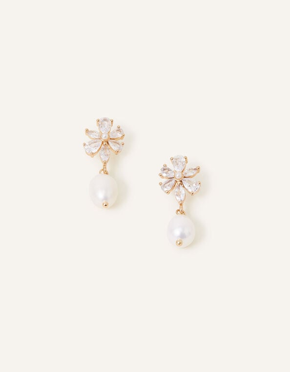 Crystal Flower Pearl Drop Earrings, , large